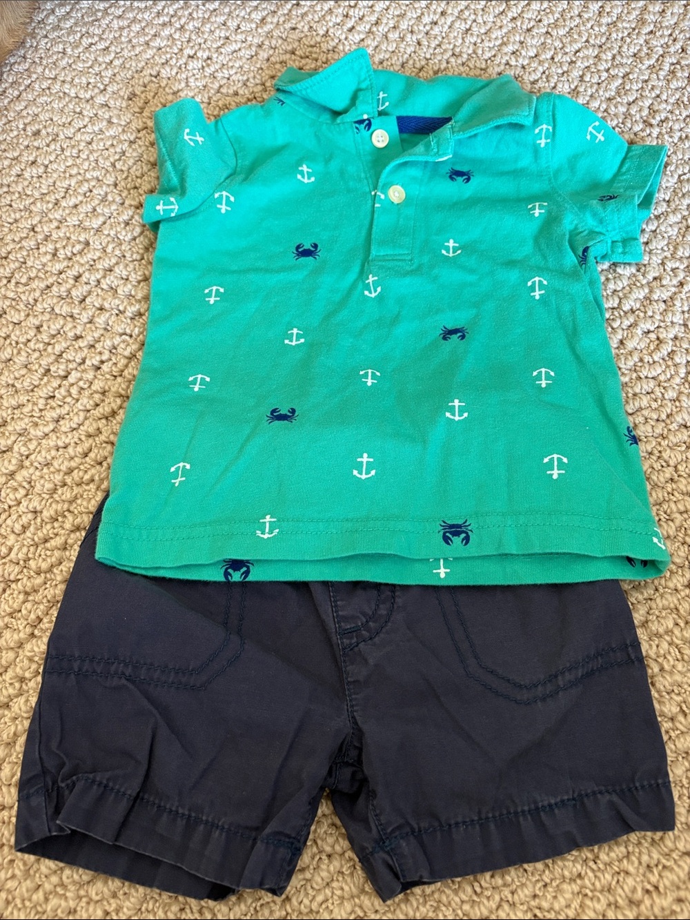Baby Matching Set - Teal Anchor Polo and Navy Shorts Set 12 MONTHS